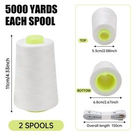 FOGAWA 5000 Yards Sewing Thread 2 Spools Overlocking Sewing Machine Polyester Thread Overlocker Thread 40S/2 White Sewing Thread Cones with Measuring Tape for Hand and Machine Sewing Crafts