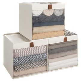 StorageWorks 13x13 Storage Cubes, Closet Storage Bins with Clear Window, Large Fabric Organizer for Clothes, Collapsible Storage Baskets with PU Handles, Beige, 3-Pack