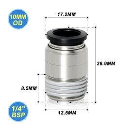 TAILONZ PNEUMATIC Round Male Straight 10mm Tube OD x 1/4 Inch BSP Thread Push to Connect Fittings POC10-02 (Pack of 10)