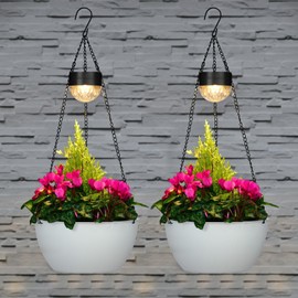 2 Packs Solar Hanging Basket Planters for Plants Outdoor, Self Watering White Flower Plants Pots with Solar Light Drainer for Balcony Patio Garden Outdoor Decoration