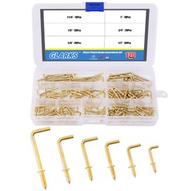 GLARKS GLLAFG-3 120-Pieces 6 Size Brass Plated Square Hooks Lag Thread Handy Hanging Hooks Assortment Set