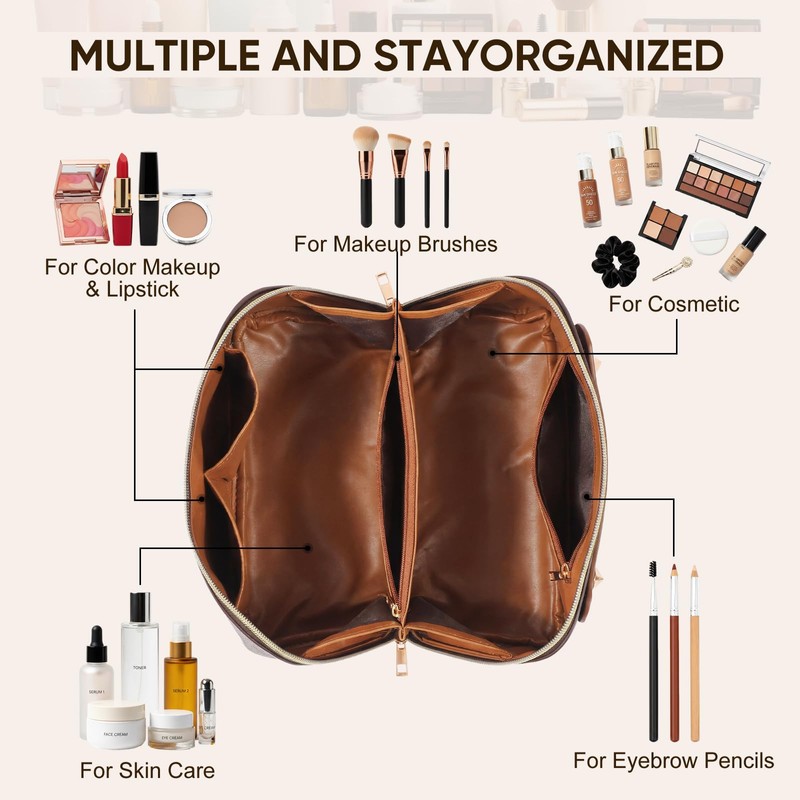 BAYANKALA Leather Travel Makeup Bag, Large Capacity Cosmetic Bag for