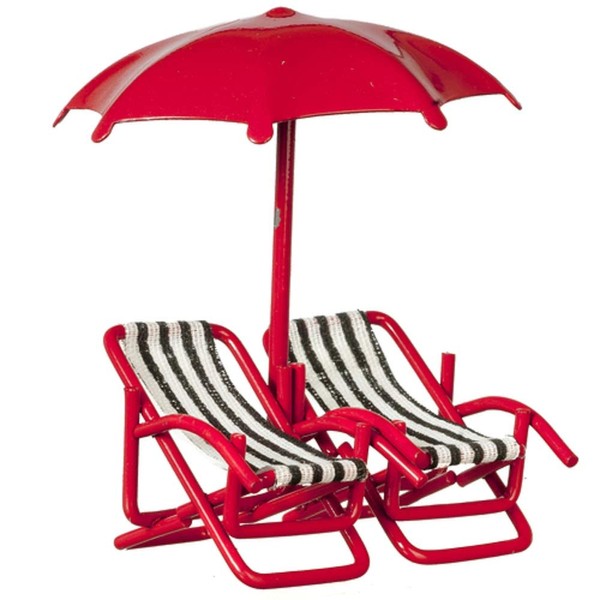 Town Square Miniatures Dollhouse Twin Deck Chairs & Umbrella 1:24 Half Inch Beach Garden Furniture