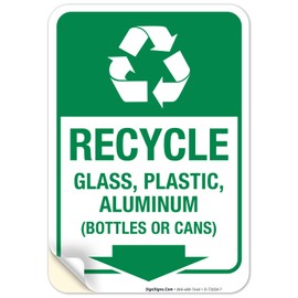 Recycle Sign, Recycle Glass Plastic Here, 10x7 Inches, 4 Mil Vinyl Decal Stickers Weather Resistant UV Protected, Made in USA