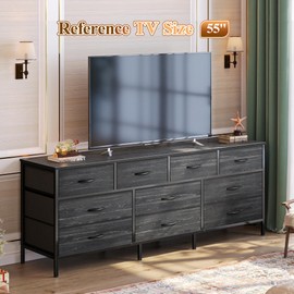 Huuger 63 Inch Dresser for Bedroom, Long Dresser with 10 Fabric Drawers, Large TV Stand for 55, 65, 70 Inch TV, Toy Storage Organizer for Closet, Charcoal Black Wood Grain Print