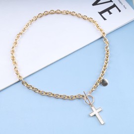 Iaceble Boho White Cross Choker Necklace Faith Cross Pendant Necklace Toggle T Bar Chain Necklace Gold Disc Coin Drop Necklace Jewelry for Women
