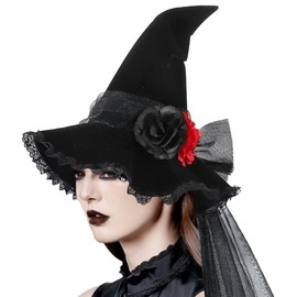 CrosCentury - Sombrero de bruja negro para mujeres adultas, sombrero de mago, accesorios de Halloween, disfraz de bruja fruncida para mujer (negro y rojo)