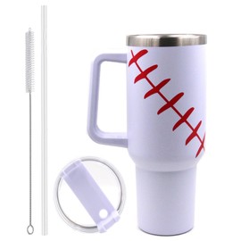 FMYWZS 40 oz Baseball Handle Tumbler, Double Wall Insulated Tumblers with Lids and Straws, Stainless Steel Travel Water Cup,Keep Drinks Cold and Hot (40 oz, White Baseball)