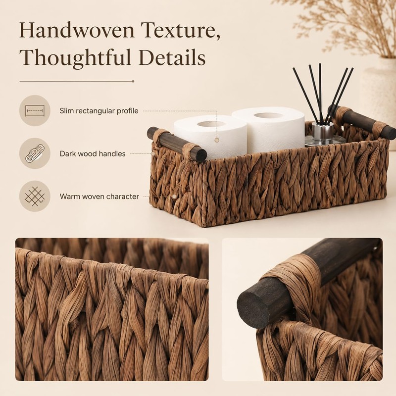 Rattanzenith Water Hyacinth Toilet Tank Basket with Wood Handles, Brown