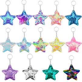 Jaczora 12 PCS Colourful Sequin Keychain,Reversible Sequin Keyring Glitter Star Keychain Charm Flip Sequin Keychain Party Gift Keyring for Girls Birthday Party Gifts