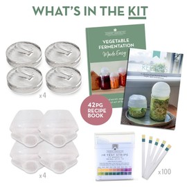 Fermentation Kit with 4 Glass Pickle Weights, 4 Airlock Lids, Easy Fermenting Recipes for Sauerkraut, Making Kimchi and Pickling Vegetables in Jars