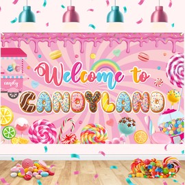 70.8X 43.3In Candyland Sweet Cartoon Rainbow Backdrop Welcome to Candy Land Backdrop Banner Lollipop Decor Candy Theme Party Decorations Background for Candy Shop Baby Shower Birthday Party Supplies