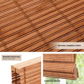 LazBlinds No Tools No Drill Cordless Bamboo Roman Shades, Light Filtering Window Treatment, Roll Up Bamboo Blinds for Windows 21'' W x 64'' H, Wood