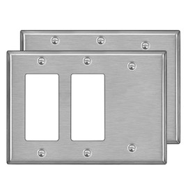 [2 Pack] BESTTEN 3-Gang Combination Metal Wall Plate with Ｗhite or Clear Plastic Film, 2-Decorator/1-Blank, Corrosion-Resistant Stainless Steel Outlet and Switch Cover, Brushed Finish