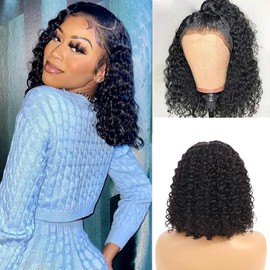 Lace Front Wigs Human Hair Pre Plucked 16 Inch Deep Curly Human Hair Bob Wigs for Black Women Human Hair Glueless 13x4 HD Lace Frontal Closure Deep Wave Wig Perruque Femme Humain Naturel Black