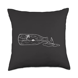 Sailboat Isle Bottle Lineart Throw Pillow
