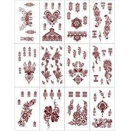 Henna Tattoo 12 Sheets Temporary Tattoos Adult Women and Teen Girl, Brown Red Mehndi Tattoo Prints Style, Waterproof Realistic Fake Tattoos for Wedding Beach Rave Festival Party Makeup Body Paint etc