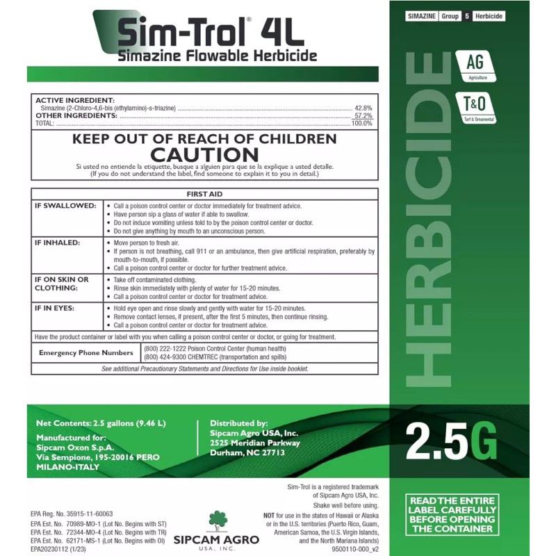 Sipcam Agro Simazine 4L(2.5 Gal.) Pre-Emergent Herbicide for Broadleaf and