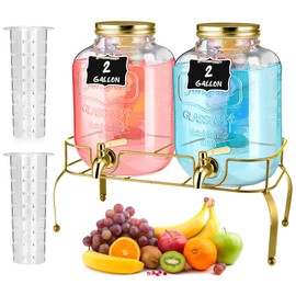 Lallisa 2 Pcs 2 Gallon Glass Drink Dispenser with Stand Ice Cylinder Hanging Chalkboard Signs 18/8 Stainless Steel Spigot Beverage Dispensers for Parties Mason Jar Drink Lemonade (Gold)