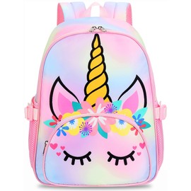 Kids Backpack Girls School Backpack Preschool Kindergarten Unicorn Toddler BookBag with Chest Clip (Tie Dye headband)