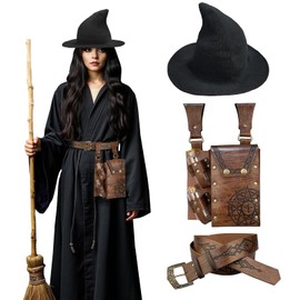 HiiFeuer Medieval Faux Leather Alchemy Set, Witch Pointed Hat for Women, Fantasy Wizard Belt with Potion Vials Waist Pouch (Brown B)