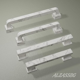 Alzassbg 6 Pack White Marble Zinc Alloy Cabinet Pulls, 3-3/4 Inch(96mm) Hole Centers Metal Cabinet Handles Kitchen Hardware for Cabinets AL3212WMB