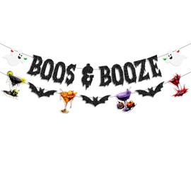 Glitter Boos and Booze Banner with Cocktail and Ghost Design for Halloween Party Decoration