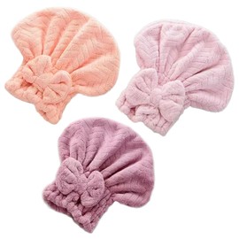 DKDDSSS 3 Pack Microfiber Hair Drying Towels, Hair Drying Cap, With Bow-Knot Shower Cap, Super Absorbent, Rapid Drying Beach Bath Salon Cap Towel Turban for Wet Hair, Curly, Long&Thick Hair