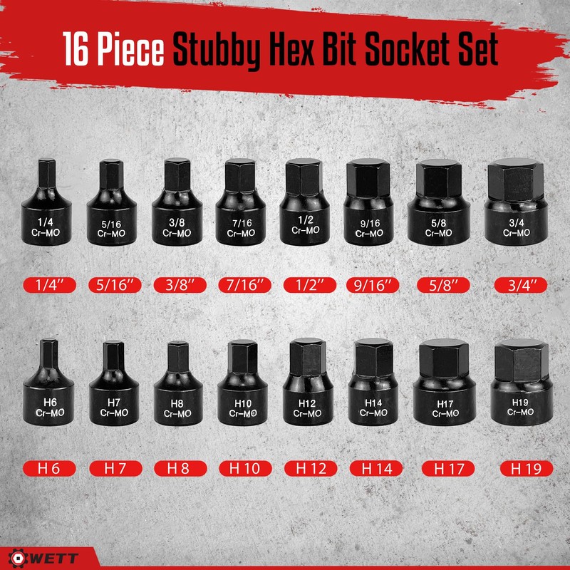 WETT 3/8-Inch Drive Low Profile Impact Hex Driver Set, 16-Piece