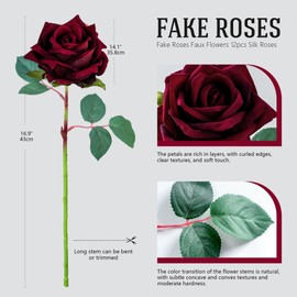 Ttranewsoo Fake Roses Faux Flowers Silk Roses Artificial Roses with Stems 16.5In Realistic Artificial Flowers Suitable for Indoor Home Decoration Diy Bouquet Wedding Decor Party Decor 12PCS(Black red)