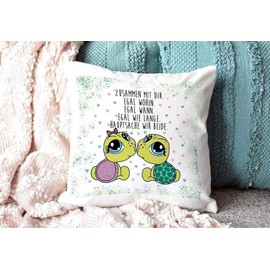 PR Print Royal Deko-Kissen Tiere mit liebem Spruch - Zusammen mit Dir - Schildkröte/Ich Liebe Dich/Geschenk für Freund, Freundin / 40x40 / Weiß - flauschig inkl. Füllung
