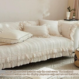 Leeva French Cottage Beige Quilted Couch Cover, Ruffle Lace Sofa Protector & Slipcover for Living Room Neutral Cream Decor, Cotton-Linen Furniture Pad, 35"x82"