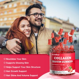 Collagen Gummies with Vitamins C, A, E, Zinc and Biotin – Hydrolyzed Collagen Chews for Hair Growth, Healthier Skin & Nails – Vegan, Sugar-Free, Strawberry Flavor – 90 Gummy