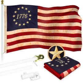 UD_G128 Combo Pack: 6 Ft Tangle Free Aluminum Spinning Flagpole (White) & Betsy Ross 1776 Tea-Stained Flag 3x5 Ft, ToughWeave Pr