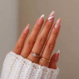 24 PCS Press on Nails White Edge Fake Nails Medium Fake Nails Snowflake Fake Nails Geometric Striped Fake Nails Wearable Fake Nails Gifts for Women and Girls