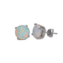Simulated Opal Round Stud Earrings 14Kt White Gold & Sterling Silver