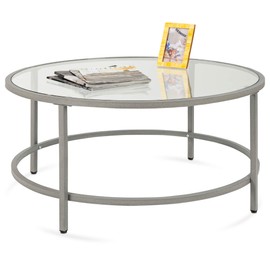 Best Choice Products 36in Modern Round Tempered Glass Accent Side Coffee Table for Living Room, Dining Room, Tea, Home Décor w/Metal Frame, Non-Marring Foot Caps - Gray