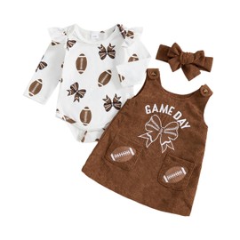 Baby Girl Football Outfit Rugby Print Romper Overall Dress Newborn Football Skirt Set Cute Fall Winter Clothes (Game Day Khaki, 0-3 Months)
