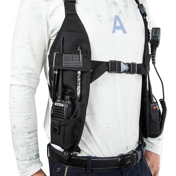 LUITON Radio Shoulder Harness Holster Chest Holder Universal Vest Rig for Police Firefighter Two Way Radio Search Rescue Essentials with American Flag Patch