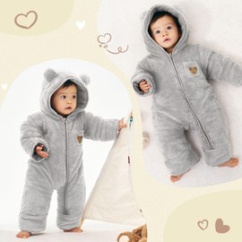 WYTbaby Baby Jumpsuit Winter Fleece Newborn Snowsuit with Hood Warm Romper for Baby Boys Girls 0-12 Months, gray