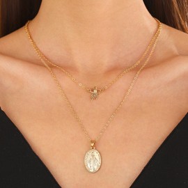 Xduargs Boho Layered Virgin Mary Pendant Necklace Gold Oval Disc Choker Necklace Vintage Ghost Medal Coin Necklace Adjustable Religious Christian Necklace Jewellery for Women, Zinc, No Gemstone