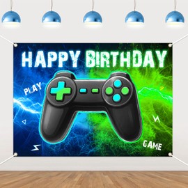 Video Game Birthday Backdrop 4.92 * 6.88ft Blue and Green Video Game Happy Birthday Backdrop Banner Gaming Level Up 1st 2nd 3rd Boy Bday Decoration Neon Glow Gamer Game On Party Supplies