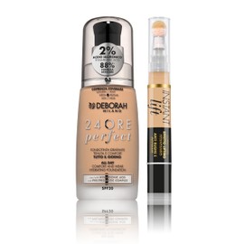 Deborah Milano 24 Hours Perfect Liquid Makeup Set, SPF 20, No. 3 Caramel Beige, with Hyaluronic Acid 30ml and Concealer Instant Lift, No. 3.1 Nude, Brightening and Anti-Wrinkle Effect