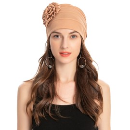 ZLYC Women Turban Beanie Hat with Flower Chemo Headwear Elastic Head Wrap Cap(Floral Khaki),One Size