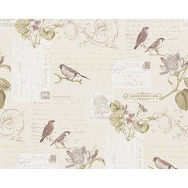 CONCORD WALLCOVERINGS ™. Textured Wallpaper Post Cards Birds, Beige Brown Grey, 959481, 21 in x 33 Ft (57.75 sq.ft.)
