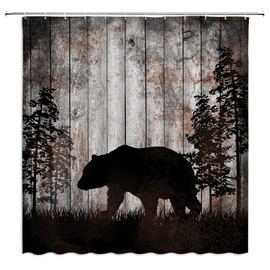ZKJSMGS Rustic Bear Shower Curtain Cabin Wildlife Black Bear Vintage Shabby Brown Gray Wooden Board Tree Forest Farmhouse Safari Retro Bathroom Home Curtain Decor with Hooks,70" Wx70 H