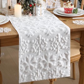 Roshtia Winter Snowflake Table Runner Soft Plush Faux Fur Jacquard Snowflake Tabletop Runner 13 x 72 Inch Winter Christmas Kitchen Dining Table Decor for Home Indoor Outdoor Holiday Party Decor(White)