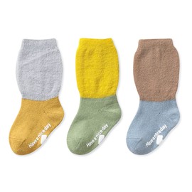 HOOMCOOM Baby Socks, Winter, Anti-Slip, Cotton, Soft, Set of 3 Pairs, yellow grey blue