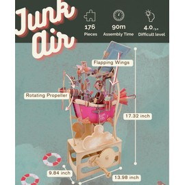 iló 3D Puzzles for Adults, DIY Mechanical Wooden Puzzle Model Kit for Adults & Teens, Building Sets for Kids 14+, STEM Toys Brainteaser, Unique Gift, Decor, Music Box Optional Not Included, Junk Air