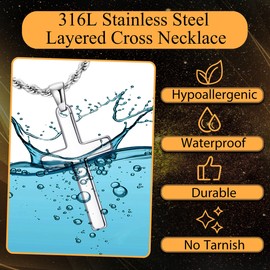 Finrezio Cross Necklace for Men Boys - Layered Cross Chain Stainless Steel Crucifix Pendant Gold Black Silver 16-24 Inch - Snake Rope Cuban Link - Gift Box Included